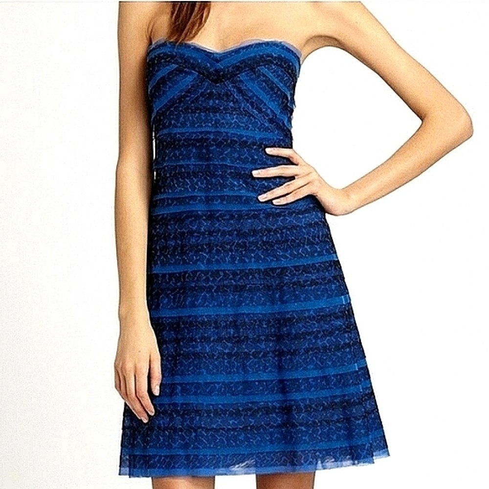 NWT BCBGMAXAZRIA Valentine mini formal strapless dress in larkspur and black